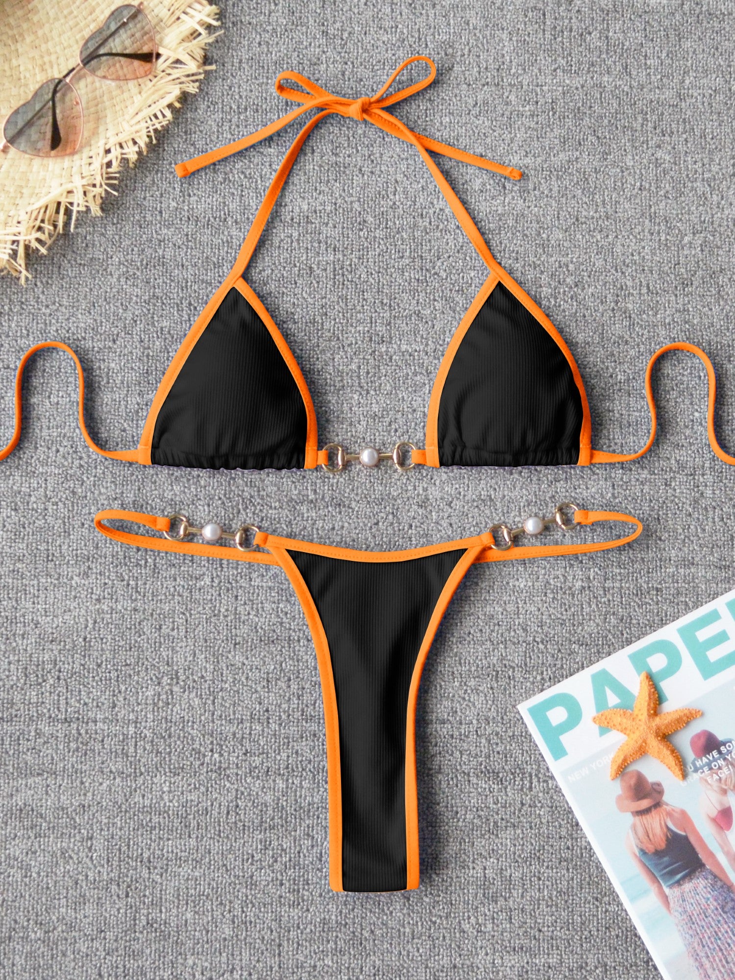 Pearl & Ribbed Triangle Bikini Set