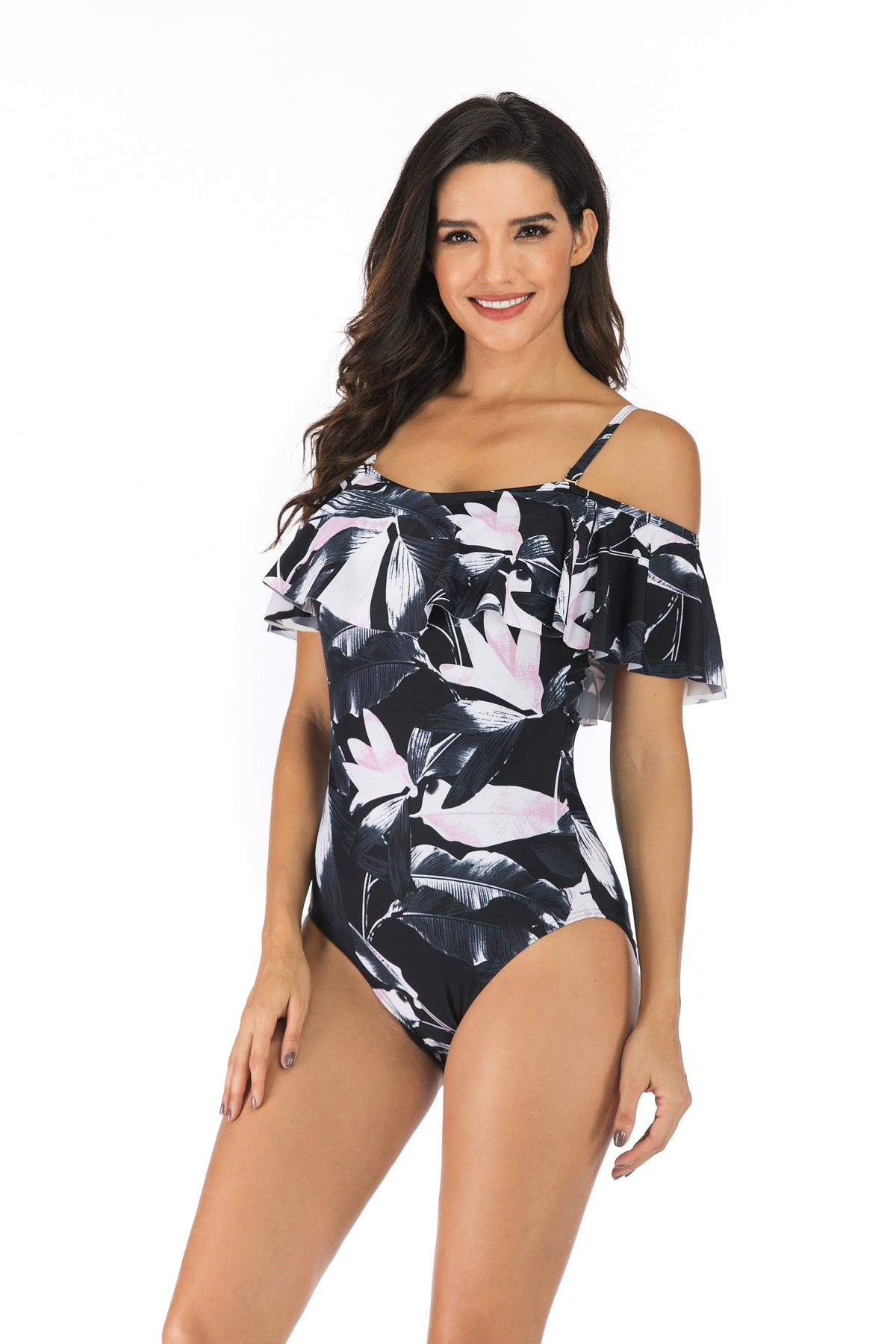 Print Ruffle Short Sleeve One Piece Swimsuit